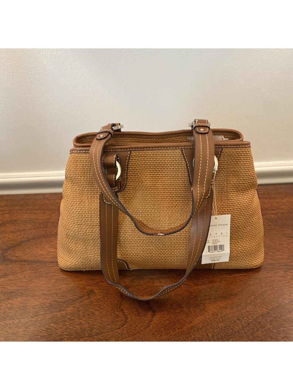 Vintage 80’s Etienne Aigner Woven Tan & Brown Satchel Top Handle 3 Compartment
